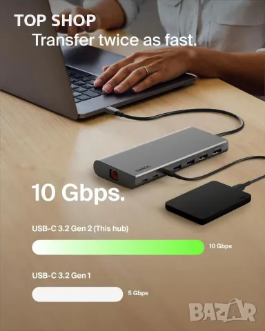 Belkin USB-C 8 в 1 хъб,2 USB-C, 2 USB-A, 2 HDMI, Ethernet и 100 W порт, снимка 5 - Кабели и адаптери - 49451998