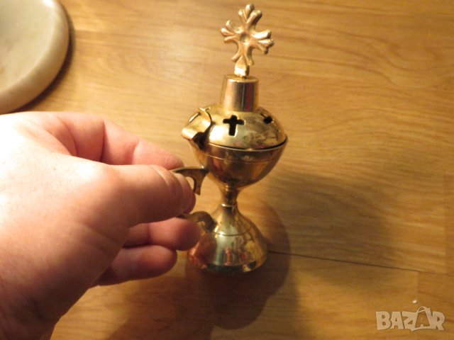 Старинно солидно бронзово кадило кръстове, тамянник 14 см, религия 21 г, Царство България църква