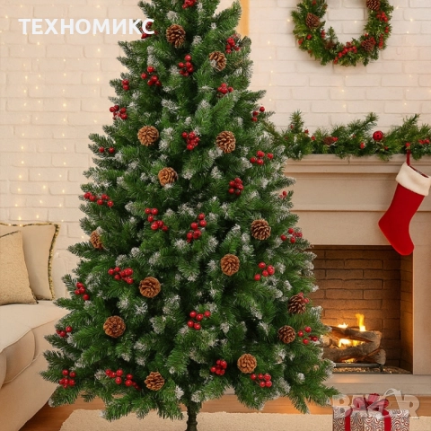 Изкуствена коледна елха декорирана с шишарки и горски плодове, зелена,, снимка 12 - Декорация за дома - 52348433
