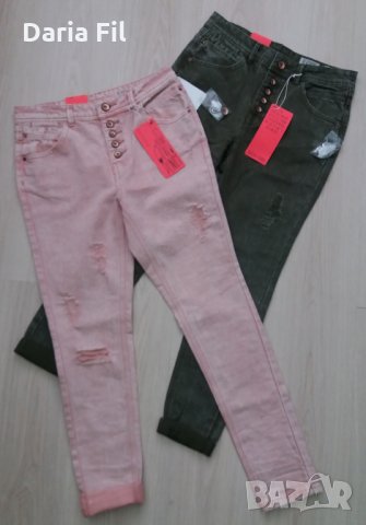 Дънки с накъсан ефект и леко увиснало дъно в милитъри зелен и в розов цвят, снимка 7 - Дънки - 28605692