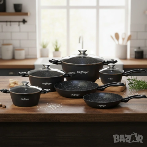 Комплект съдове за готвене Cheffinger от 10 части – тенджери и тигани с мраморно покритие за всички 