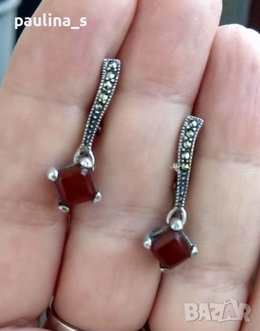 Винтидж / Два чифта / Сребърни обеци с карнеол и марказити и циркони / проба 925 , снимка 2 - Обеци - 37965356