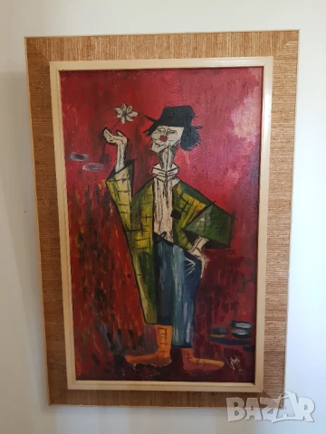 Стара картина на клоун, масло/платно,1965година ,подписана, снимка 2 - Картини - 50531663