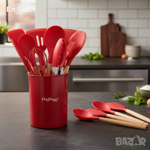 Комплект 12 части кухненски прибори със стойка–силиконови накрайници, дървени дръжки, снимка 5 - Прибори за хранене, готвене и сервиране - 53572991