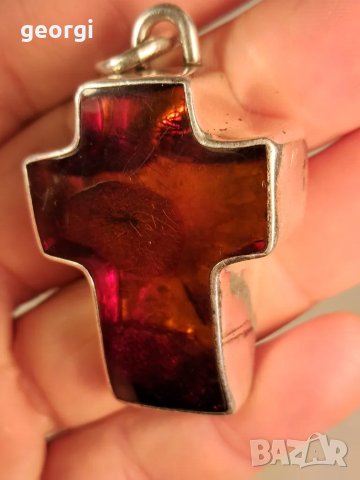 голям сребърен кръст с естествен кехлибар , снимка 4 - Колиета, медальони, синджири - 50215116