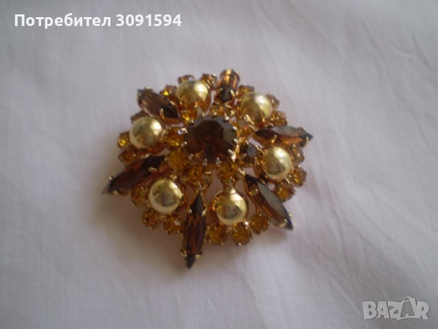 Винтидж брошка с чешки кристал цвят карамел, снимка 2 - Антикварни и старинни предмети - 36940943