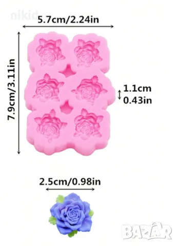 6 рози розички роза с лисенца силиконов молд форма фондан украса декор, снимка 3 - Форми - 47428258