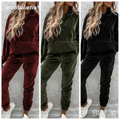 Дамски едноцветен спортен кадифен костюм с качулка, 3цвята 