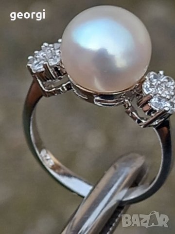 Дамски сребърен пръстен с естествена перла и цирконии, снимка 1 - Пръстени - 39338092