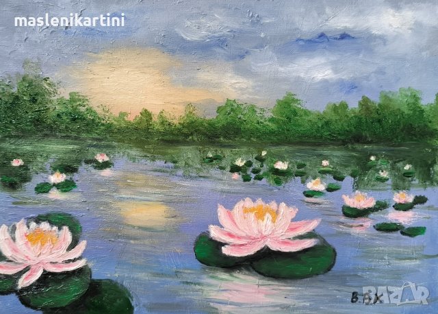 водни лилии в езеро маслена картина , снимка 2 - Картини - 43309170
