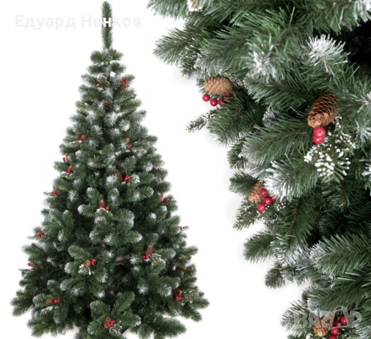 🎄 Изкуствена елха с червен глог и шишарки, снимка 2 - Декорация за дома - 43092577