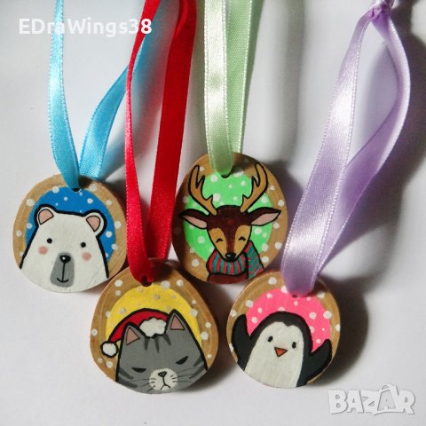 Дървени коледни играчки Ръчно рисувани Украса за елха, снимка 8 - Коледни подаръци - 27273229