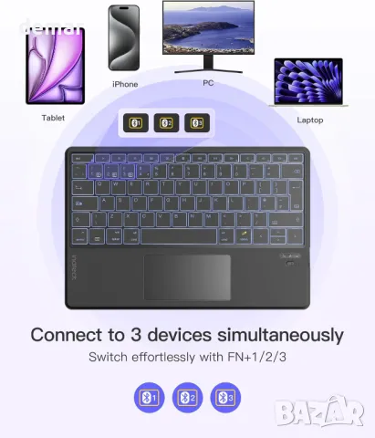 Клавиатура Inateck с тъчпад, AI функция, ултратънка Bluetooth за Windows/iPadOS/Android/iOS,KB01104, снимка 2 - Клавиатури и мишки - 49710754