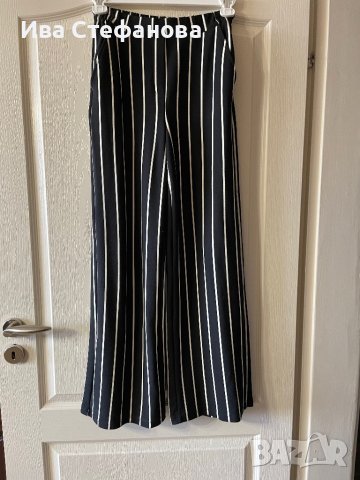 Нов one  size  висока талия ластик черно бял раиран широк прав рае панталон Bershka  S/M размер, снимка 2 - Панталони - 43593442