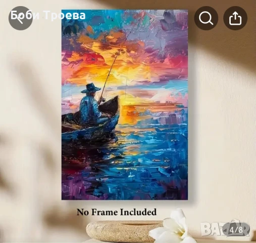 Живописен Абстрактен Крайбрежен Залез с Лодки, Модерна Импресионистична Картина