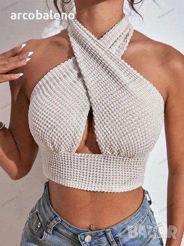 Дамски плетен секси топ с вафлен халтер без гръб, снимка 3 - Корсети, бюстиета, топове - 39677134