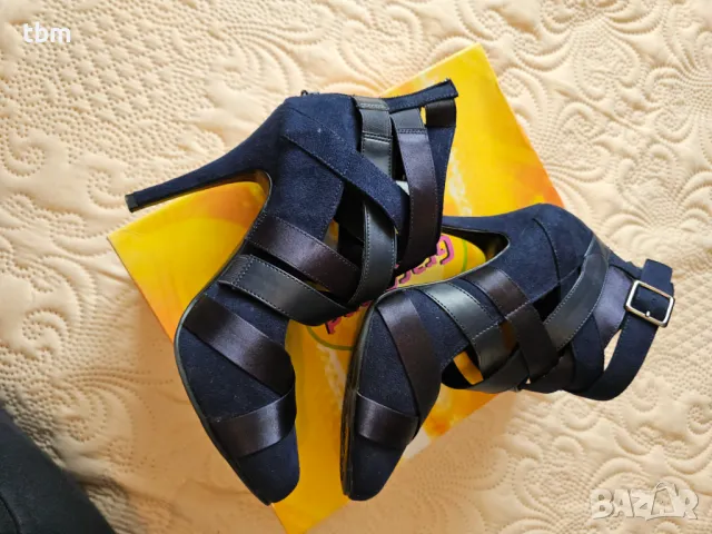 Промо - 25лв! Обувки на висок ток, стил балерина, еко велур и сатен, син цвят, снимка 2 - Дамски обувки на ток - 48433034