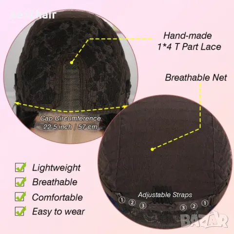 Черна синтетична 80 см права плътна перука с дантела 1X4 T-Part на път, снимка 5 - Аксесоари за коса - 47502844