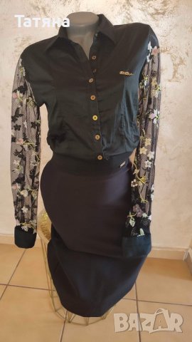 Риза с дантелени ръкави и бродерия и пола 