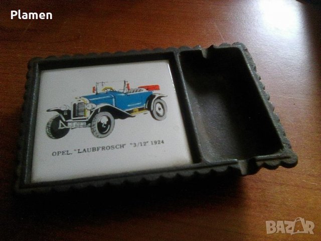 Стар пепелник с керамична плочка с рисунка на Опел от 1924 година, снимка 1