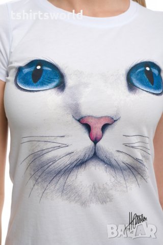 Страхотна нова дамска бяла тениска с 3D принт Котка със сини очи, снимка 6 - Тениски - 29126635