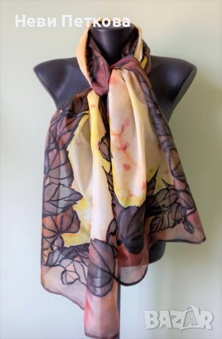 Рисуван копринен шал ЕСЕНЕН ВЕНЕЦ, снимка 3 - Шалове - 37960291