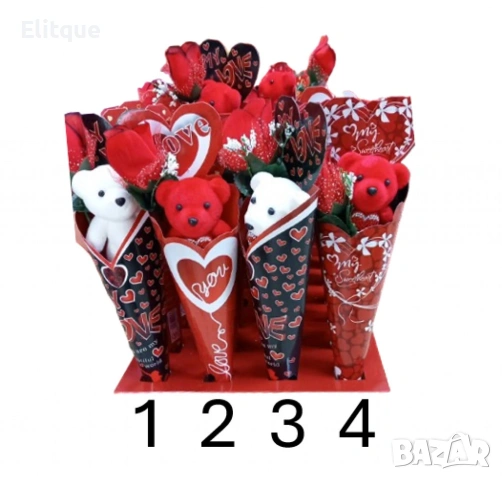 Романтичен букет с плюшено мече и роза, снимка 3 - Плюшени играчки - 53087912