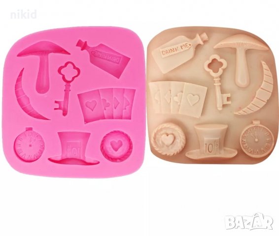 Алиса в страната на чудесата фокуси хазарт шапка ключ часовник гъба шише силиконов молд форма фондан, снимка 3 - Форми - 17206777