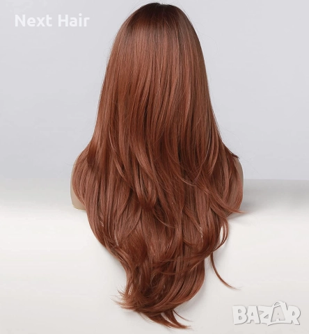 70 см Кафява синтетична перука с омбре ефект, тъмни корени и бретон, снимка 4 - Аксесоари за коса - 52898953
