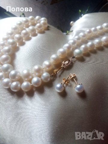 Перли със злато 18 и 14 карата/колие+обеци/, снимка 5 - Бижутерийни комплекти - 37051677