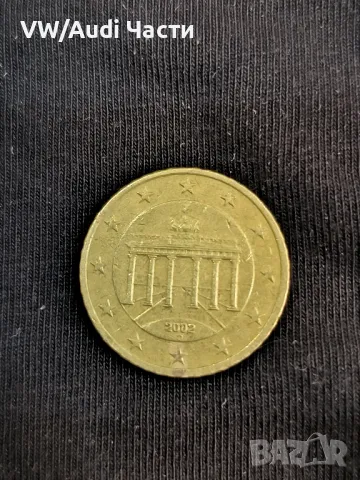 Монета 50 евро цента Германия 2002г. буква D  Бранденбургска врата , снимка 2 - Нумизматика и бонистика - 49037196
