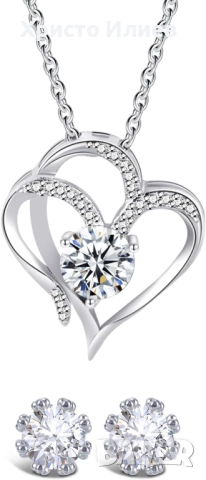 Подаръчен комплект сребърно колие сърце и обици в луксозна кутийка с вечни роза