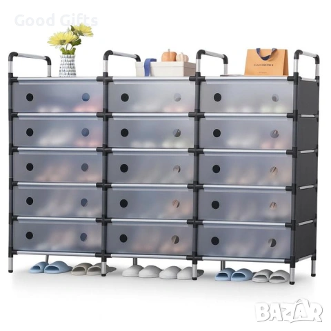 Голям Многоетажен Шкаф за Обувки с Прозоречни Врати, 3-крилен