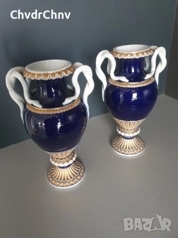 2бр Meissen фигурални вази 28см/стара Майсен порцеланова пиедестална ваза с дръжки-змии/кобалт