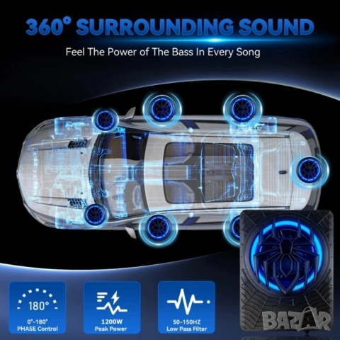 Компактен 10” автомобилен 1200W(peak) активен субуфер с RGB динамична подсветка и контрол на басите, снимка 8 - Аксесоари и консумативи - 53449054