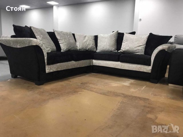 ПРОМОЦИЯ!!! Нов Ъглов диван от плат цвят - черно и сиво, материал плюш, снимка 3 - Дивани и мека мебел - 39687922