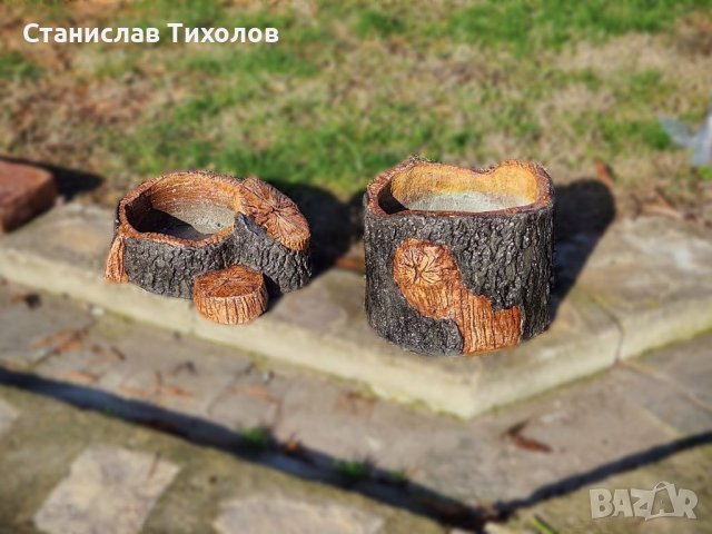 Градински кашпи саксии от щампован бетон имитиращи дърво, снимка 7 - Саксии и кашпи - 39477709