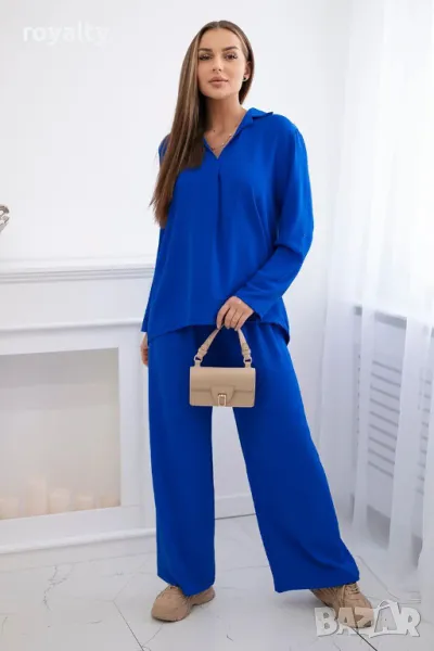 Комплект блуза + панталон с широки крачоли синьо Два цвята , снимка 1