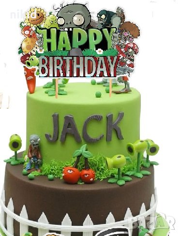 Зомбита срещу растения Plants vs Zombies Happy Birthday картонен топер украса за торта рожден ден, снимка 1