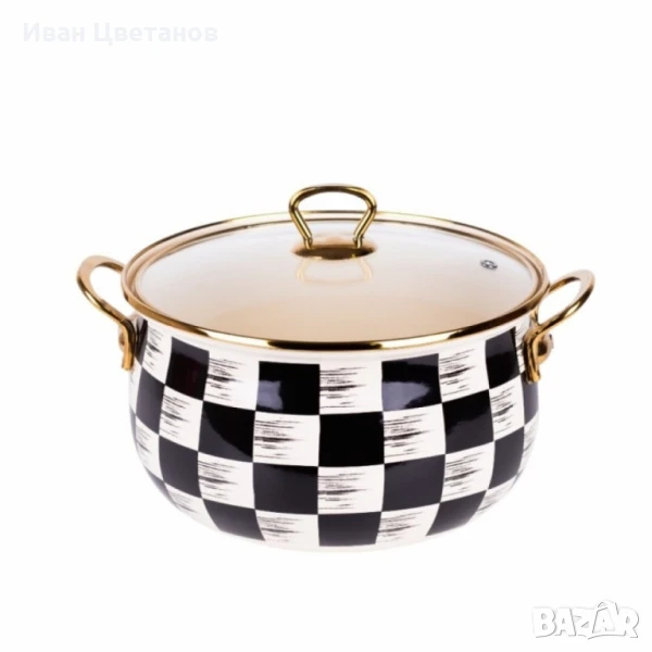 Тенджера Goldmann 24x15см. 6.2л./  26x16см. 8.5л. Емайл. Индукция. Бял/Черен каре, снимка 1