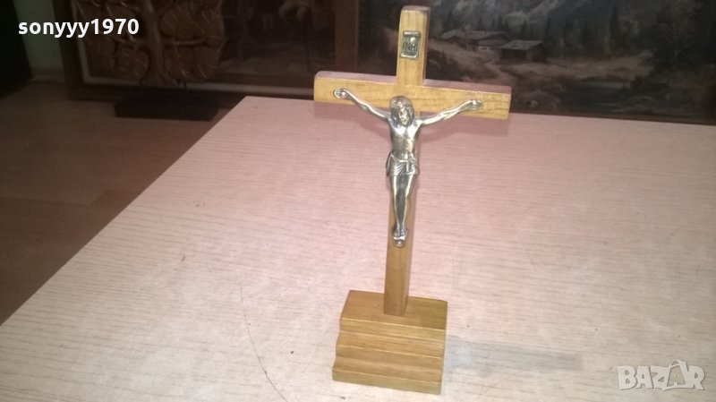 Кръст от дърво и метал настолен, снимка 1