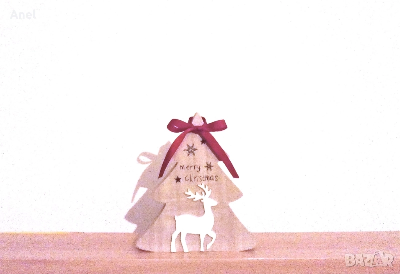 Декоративна дървена коледна елха с елен и коледен надпис Merry Christmas, снимка 1