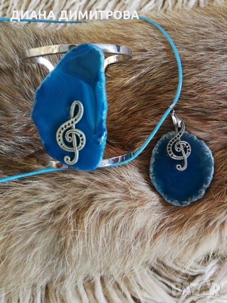 Ръчно декориран сет /комплект /гривна и колие със син ахат! Подарък за жена! , снимка 1