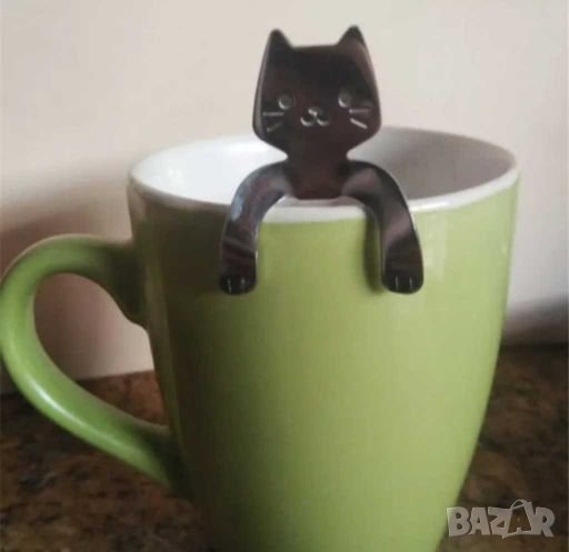 😺 🥄 Черна Лъжичка с котешки капии главичка-неръждаема 🐈, снимка 1
