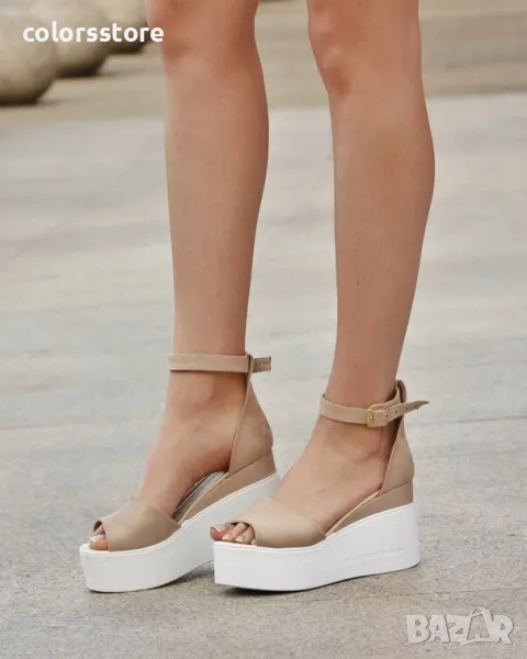 Сандали на платформа - бежов велур с бяло ходило - TJL70, снимка 1