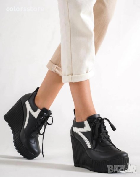 Боти на платформа - черна кожа с бяла лента - NO4, снимка 1