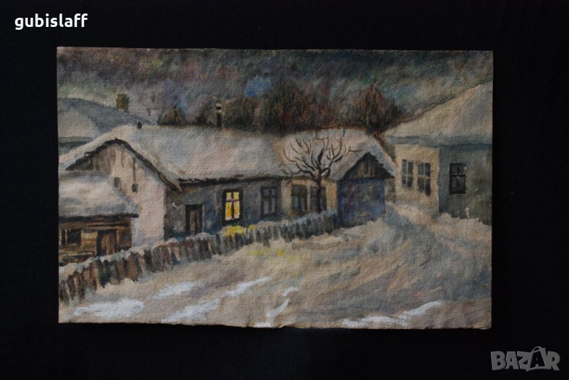 Стара картина, зимен пейзаж, къща, Иван Димитров, 1960-те г., снимка 1