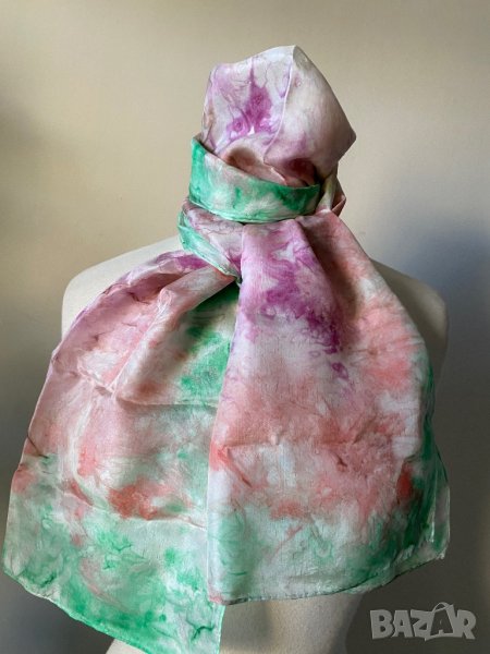 Копринен шал в розово и светло зелено, снимка 1