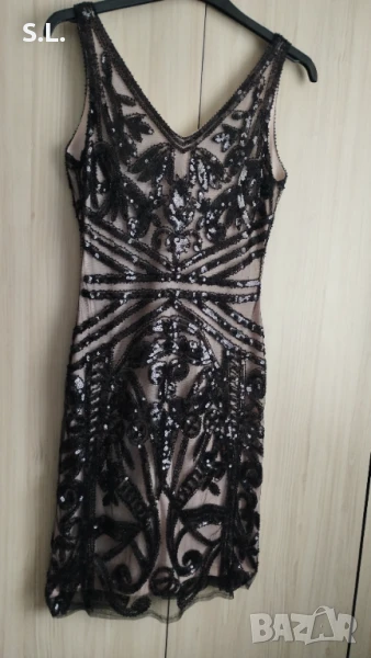 Официална черна къса рокля с пайети, снимка 1