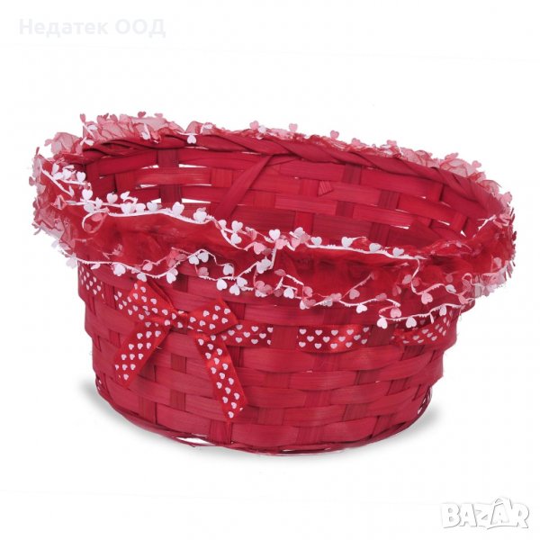 Великденска декорация, Овален панер с лента и тюл, Червен, 26x12,5 см, снимка 1